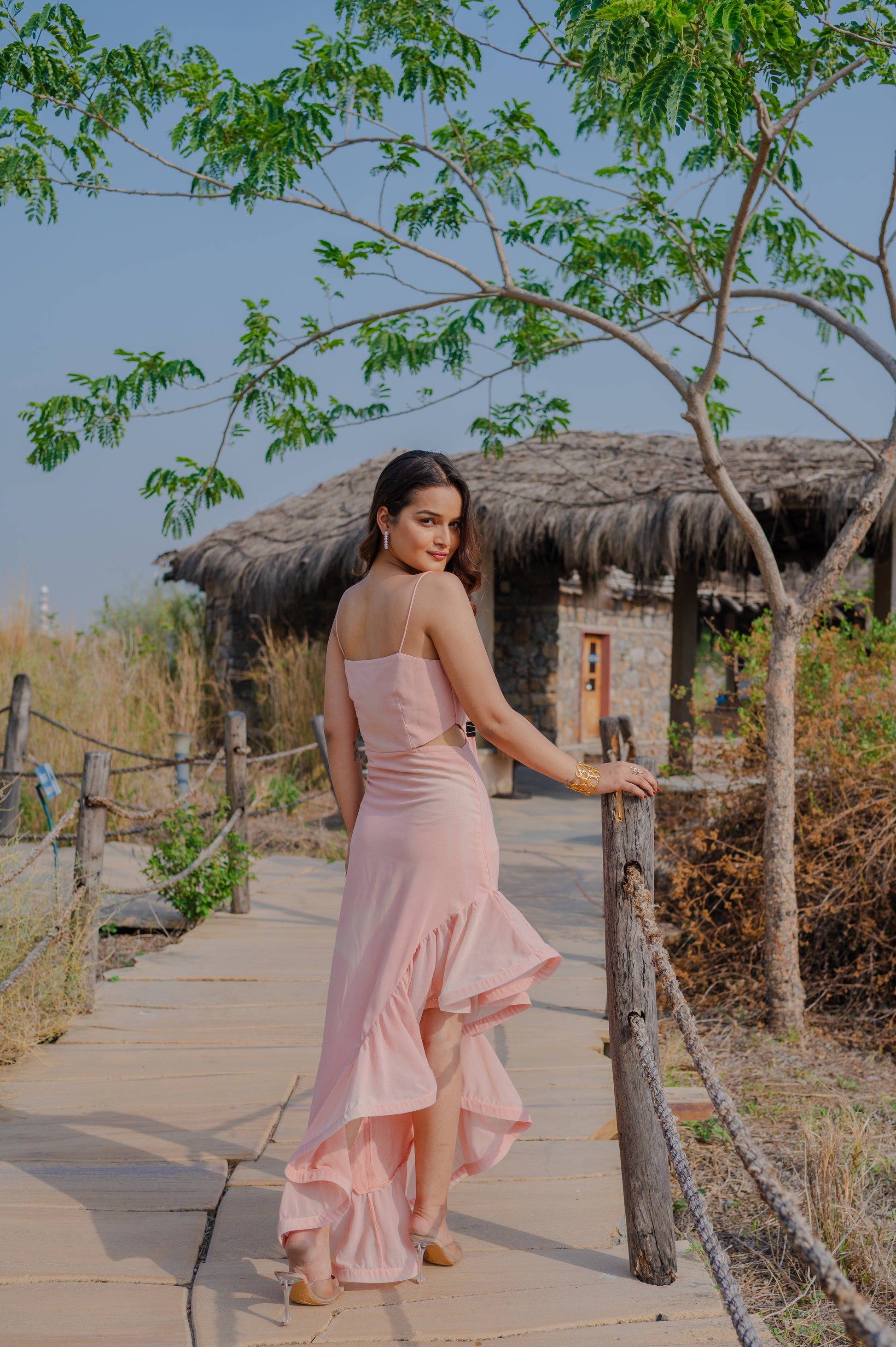 Asymmetric side cut ruffle dress