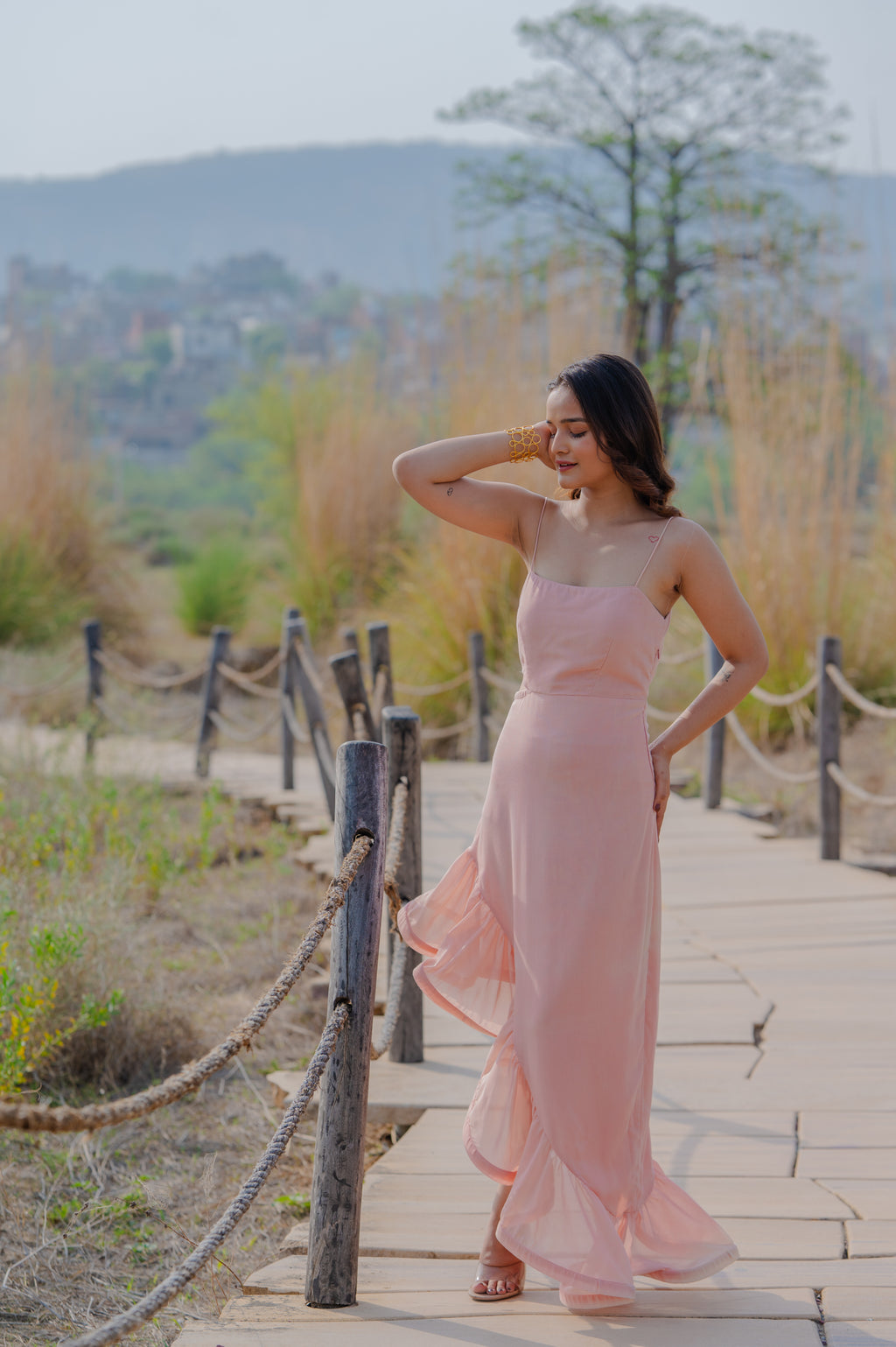 Asymmetric side cut ruffle dress