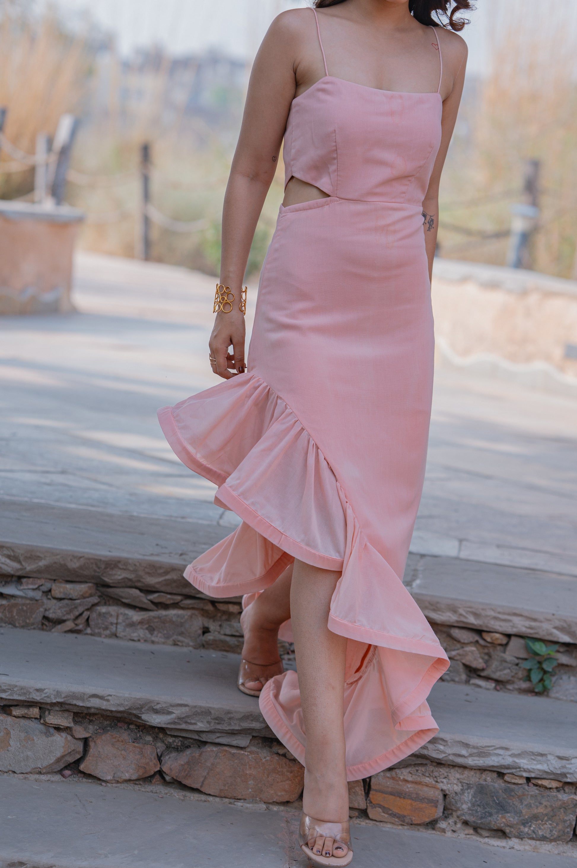 Asymmetric side cut ruffle dress