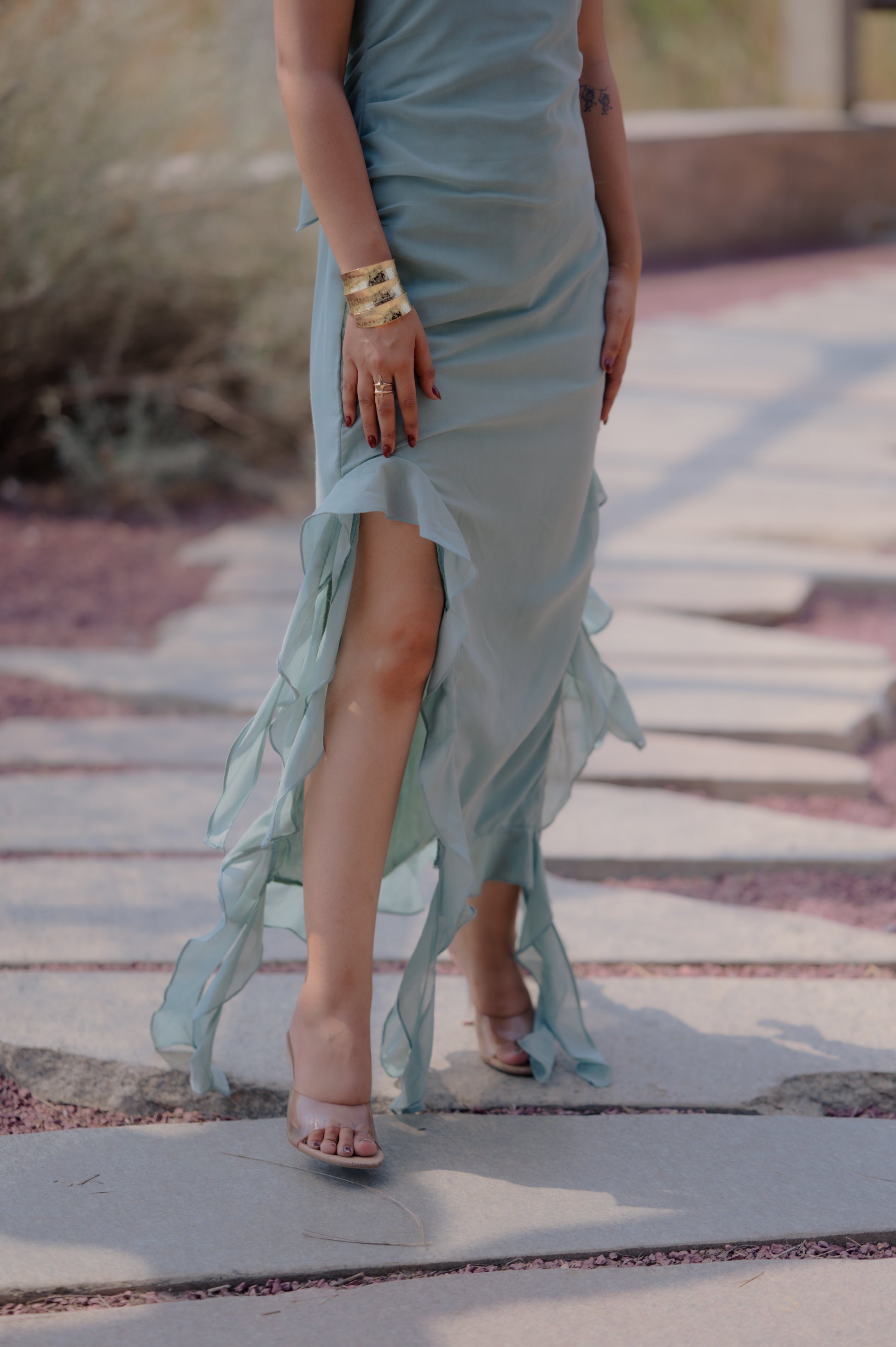 off shoulder frill dress