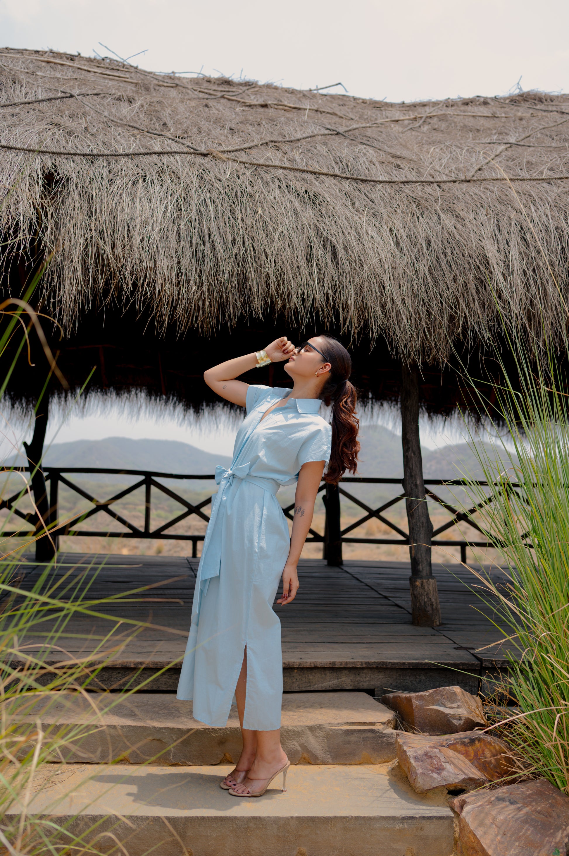 Sky Blue Side-Slit Shirt Dress
