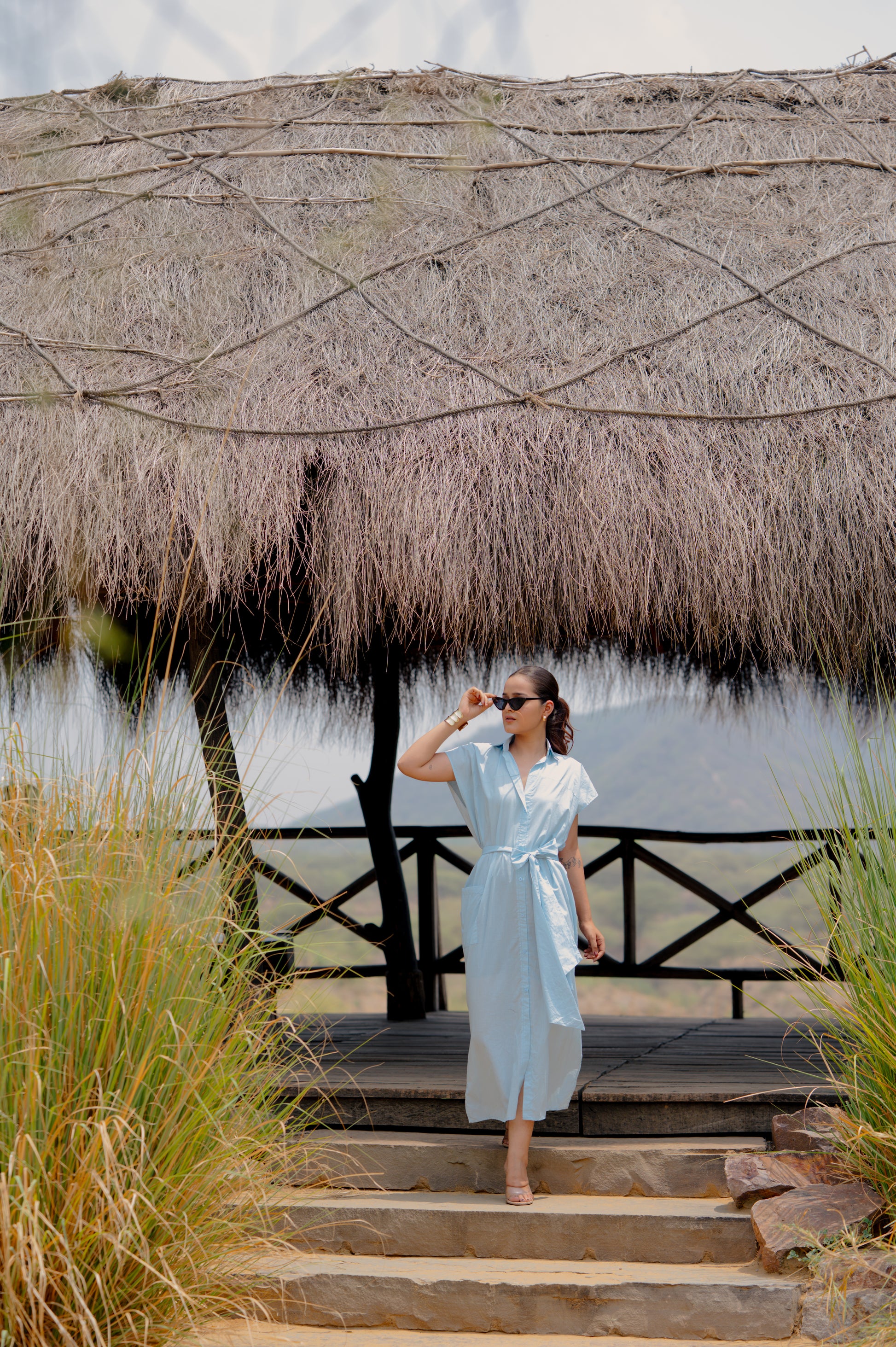 Sky Blue Side-Slit Shirt Dress