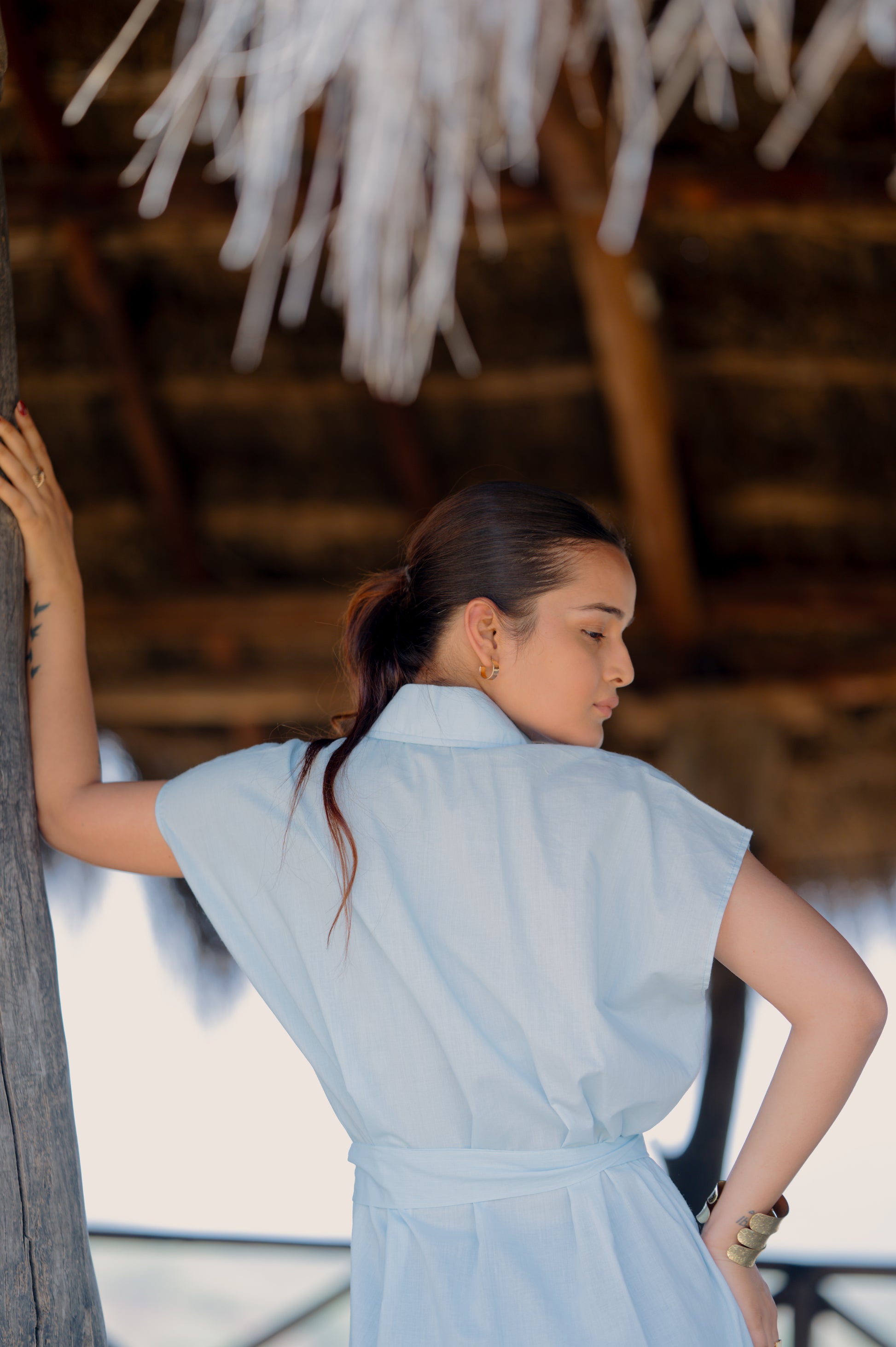 Sky Blue Side-Slit Shirt Dress