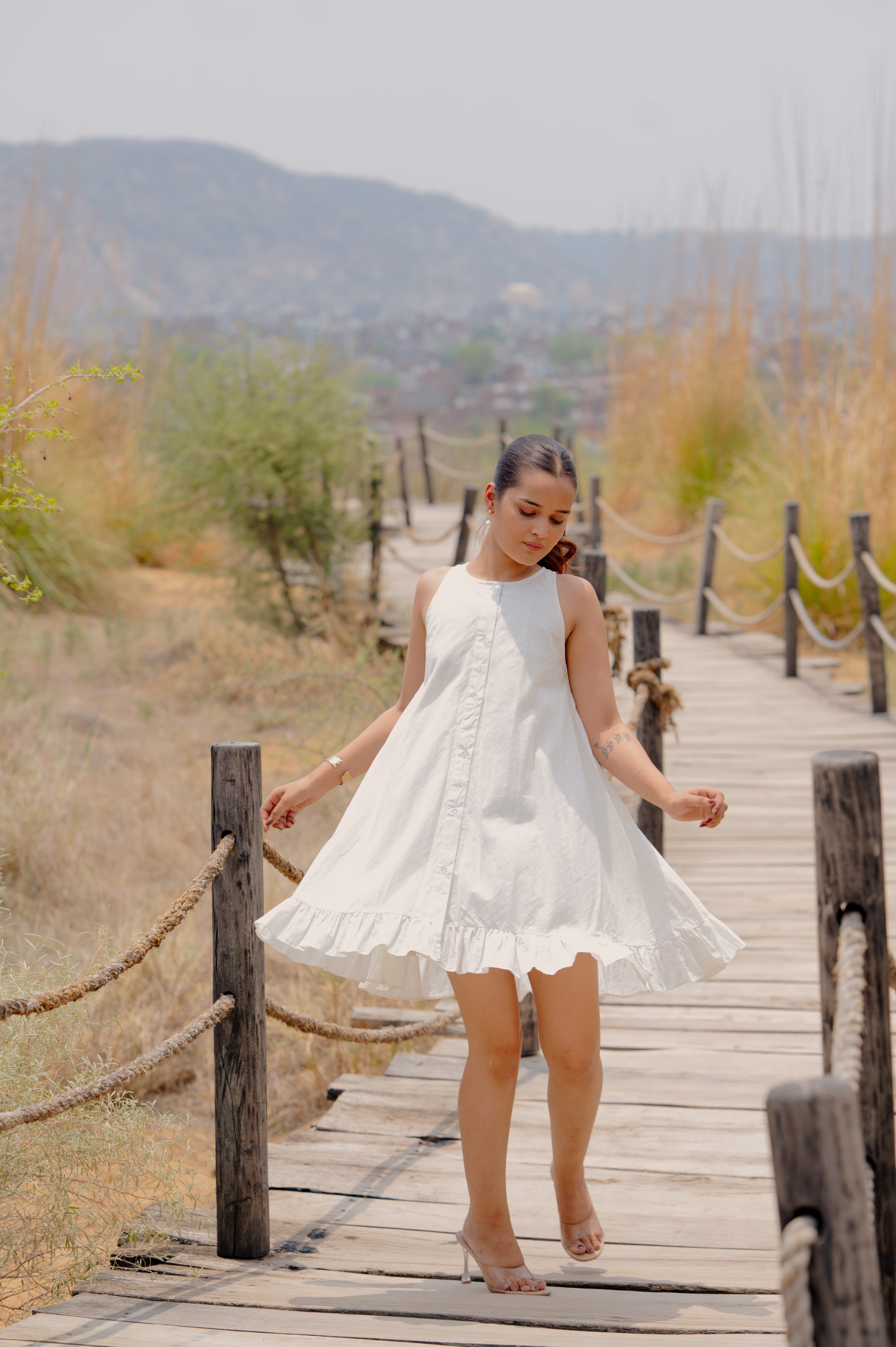 white dobby swing dress